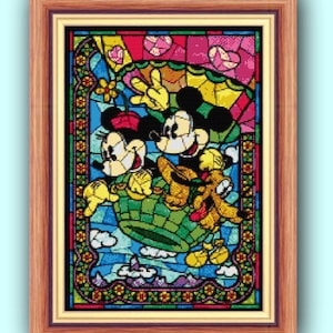 May include: A framed cross-stitch pattern featuring Mickey Mouse, Minnie Mouse, and Pluto in a stained-glass style. The artwork showcases vibrant colors, including red, yellow, blue, and green, with a decorative border and the text "Mickey, Minnie, Pluto stained glass - cross stitch pattern".