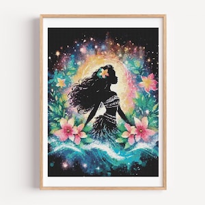 May include: A framed art print featuring a silhouette of a woman surrounded by colorful floral and cosmic elements. The woman has long, flowing hair and is adorned with a flower. The artwork is set against a dark background with vibrant colors.