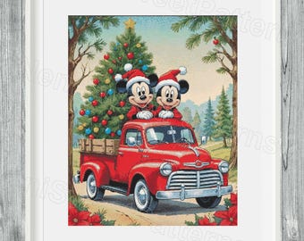 May include: A framed print featuring Mickey and Minnie Mouse in Santa hats atop a red vintage truck. A decorated Christmas tree is in the truck bed. The background shows a winter landscape with trees and a light blue sky.