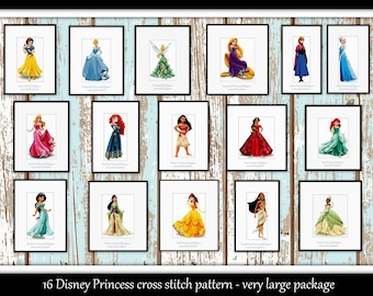 16 Princess full figure Cross stitch pattern Princess pattern Princess cross stitch Girls room decoration DIY princess Home decoration
