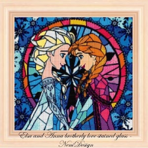 Elsa and Anna brotherly love stained glass Cross stitch pattern Frozen cross stitch Elsa and Anna cross stitch DIY stained glass Kids room