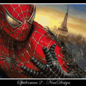 May include: A close-up of Spiderman in his red and black suit, with a black background. The Eiffel Tower is visible in the background. The text "Spiderman 2 - Neni Design" is at the bottom of the image.