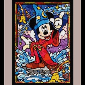 May include: Mickey Mouse dressed as a wizard with a red robe and a blue hat with a star on it. He is standing on a platform with a broom and a bucket. The background is a stained glass design with stars and a crescent moon.