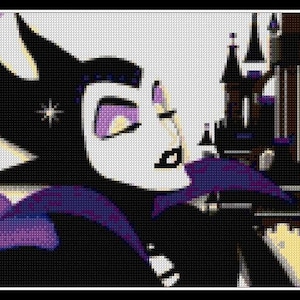 Puede incluir: Una ilustraci&oacute;n en negro y morado de una mujer con una corona y una estrella en la frente, mirando a un castillo negro con detalles morados. El fondo es un degradado morado y blanco.