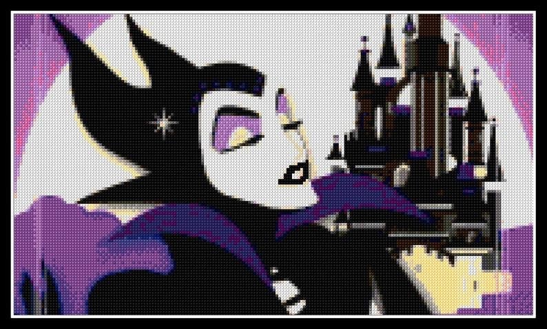 Puede incluir: Una ilustraci&oacute;n en negro y morado de una mujer con una corona y una estrella en la frente, mirando a un castillo negro con detalles morados. El fondo es un degradado morado y blanco.