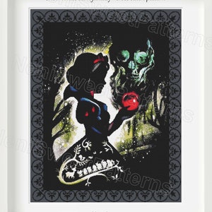 May include: Cross stitch pattern featuring a dark fantasy Snow White design. The silhouette of Snow White is holding a red apple, with a skull and forest background. The framed artwork includes the text "Snow White dark fantasy - cross stitch pattern" and "Compatible with Pattern Keeper".