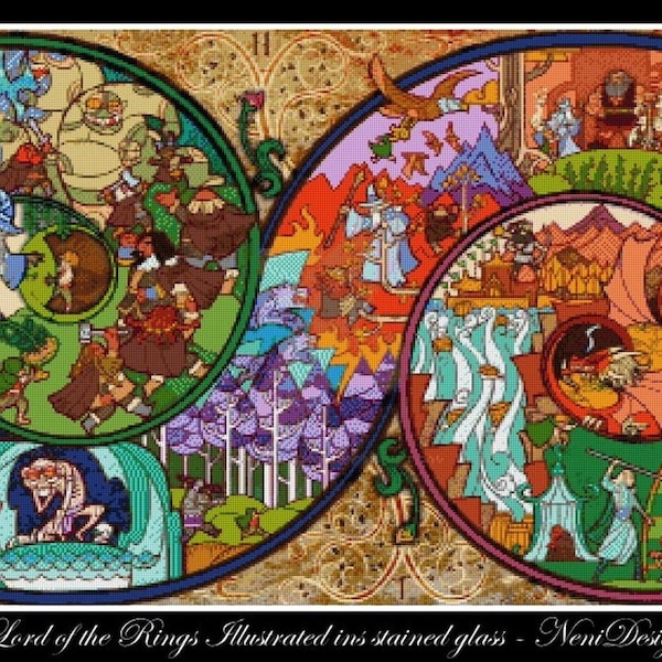 The Hobbit illustrated in Stained glass Cross stitch pattern LOTR cross stitch Stained glass cross stitch Modern kids room