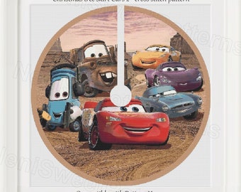 May include: Cross stitch pattern for a Christmas tree skirt featuring the characters from the movie Cars 2. The characters include Lightning McQueen, Mater, and Francesco Bernoulli. The pattern is compatible with Pattern Keeper.