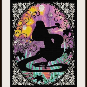May include: A black silhouette of Rapunzel with long hair, standing on a swirling path with a purple, yellow, and green background. The background also features a tower and floating lanterns. The text "Beautiful Rapunzel silhouette" is at the bottom of the image.