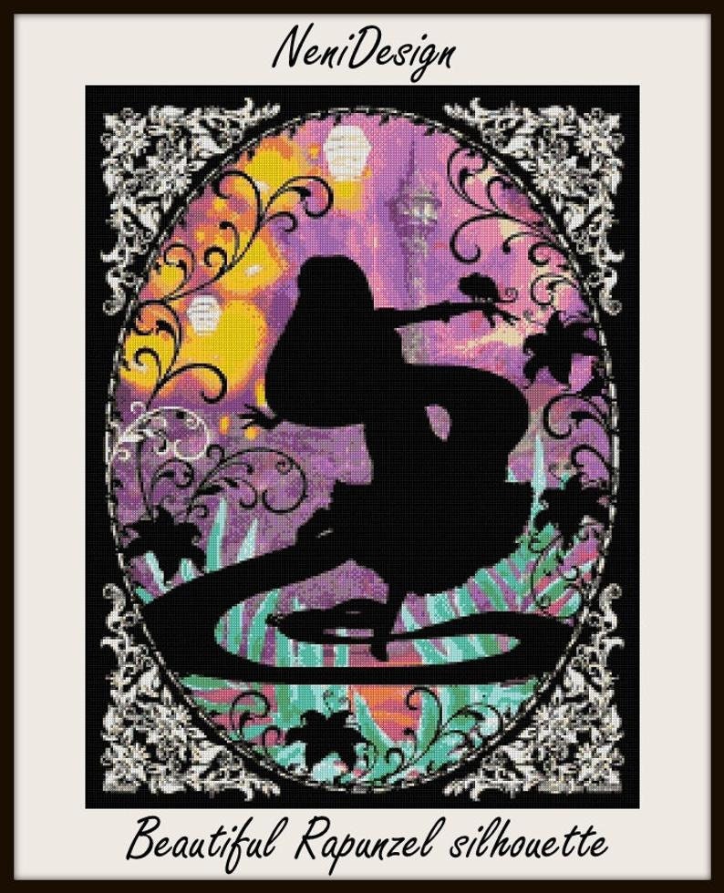 May include: A black silhouette of Rapunzel with long hair, standing on a swirling path with a purple, yellow, and green background. The background also features a tower and floating lanterns. The text "Beautiful Rapunzel silhouette" is at the bottom of the image.