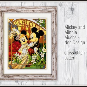 May include: A cross stitch pattern featuring Mickey Mouse and Minnie Mouse in a vintage art deco style. The pattern is titled "Mickey and Minnie Mucha - NeniDesign" and includes a cross stitch pattern.