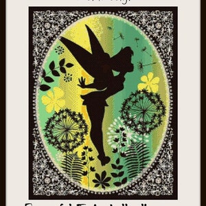 May include: A black silhouette of Tinkerbell, a fairy with wings, flying in a field of green and yellow flowers. The background is a gradient of green, yellow, and white. The image is surrounded by a black frame with a silver design.