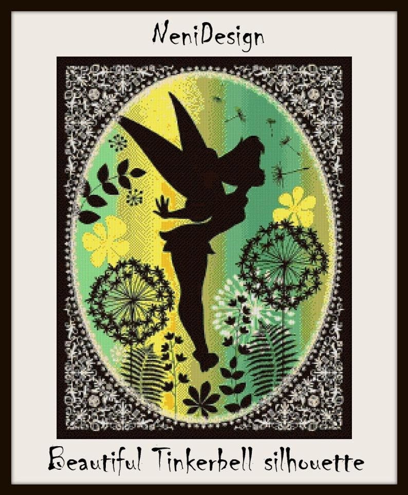 May include: A black silhouette of Tinkerbell, a fairy with wings, flying in a field of green and yellow flowers. The background is a gradient of green, yellow, and white. The image is surrounded by a black frame with a silver design.