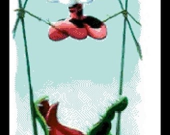 Puede incluir: Minnie Mouse está colgada de los dedos de los pies de una cuerda, sosteniendo una sombrilla. Lleva un vestido blanco con zapatos rojos y un lazo rojo. El fondo es un cielo azul con árboles verdes. El texto "Haunted Mansion Minnie Mouse Neni Design" está en la parte inferior de la imagen.