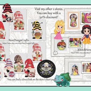 Puede incluir: Un collage de patrones de punto de cruz con gnomos, abejas, mariposas y personajes de pel&iacute;culas de Disney. El texto "Visita mis otras 2 tiendas. Puedes comprar con un 50% de descuento!" se muestra en la parte superior de la imagen. El texto "NeniDesignCrafts" y "XStitchHeroes" se muestra en la parte inferior de la imagen.