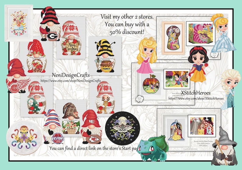 Puede incluir: Un collage de patrones de punto de cruz con gnomos, abejas, mariposas y personajes de pel&iacute;culas de Disney. El texto "Visita mis otras 2 tiendas. Puedes comprar con un 50% de descuento!" se muestra en la parte superior de la imagen. El texto "NeniDesignCrafts" y "XStitchHeroes" se muestra en la parte inferior de la imagen.