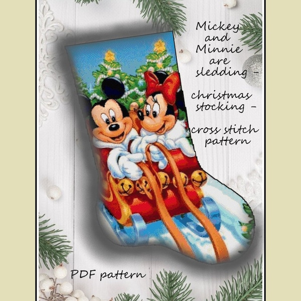 Mickey and Minnie are sledding Christmas stocking Cross stitch pattern Christmas gift Christmas decoration DIY christmas stocking Mickey