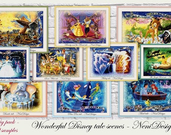 Tale Scenes Cross Stitch Pattern, Belle, Mickey, Cinderella, Ariel, Kids Room Decor (PDF Download)