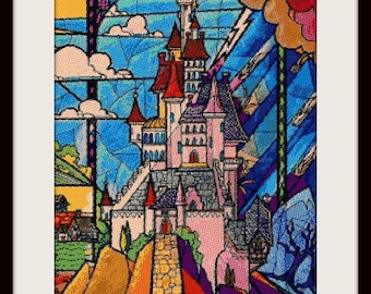 Beauty and the Beast castle stained glass Cross stitch pattern Kids room decoration DIY stained glass DIY castle DIY Belle cross stitch