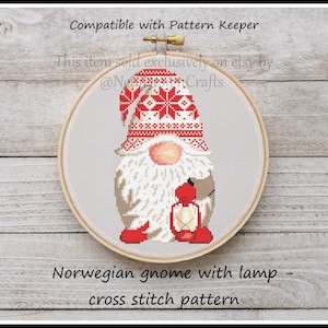 Norwegian gnome with lamp Cross stitch pattern Christmas cross stitch DIY Gnome cross stitch Cute gnome pattern DIY christmas decoration