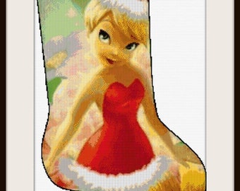 May include: A Christmas stocking featuring Tinkerbell wearing a red dress and a Santa hat. The stocking is decorated with a white fur trim.