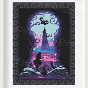 May include: Cross stitch pattern of Alice in Wonderland with a dark fantasy theme. The image shows Alice looking up at a castle in the distance, with the Cheshire Cat perched on a tree branch above her. The scene is framed by a book, with a purple and blue color scheme.