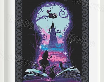May include: Cross stitch pattern of Alice in Wonderland with a dark fantasy theme. The image shows Alice looking up at a castle in the distance, with the Cheshire Cat perched on a tree branch above her. The scene is framed by a book, with a purple and blue color scheme.