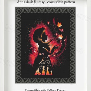 Puede incluir: Patrón de punto de cruz de Anna de Frozen en un entorno de fantasía oscura con colores rojo y naranja. El patrón es compatible con Pattern Keeper.