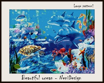 Beautiful ocean Cross stitch pattern Ocean cross stitch Ocean wildlife cross stitch Sea plants cross stitch Sea turtle pattern Sea horse
