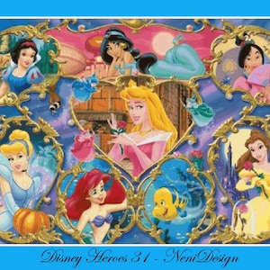Peut inclure: Une illustration colorée de princesses Disney dans des cadres ornés. Les princesses incluent Blanche-Neige, Cendrillon, Ariel, Belle, Aurore, Jasmine et Mulan. Le texte "Disney Heroes 31 - Neni Design" est en bas de l'image.