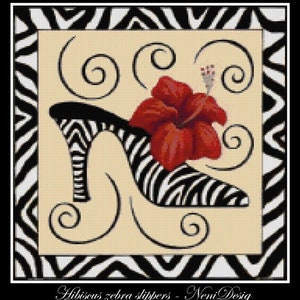 Hibiscus zebra slippers, cross stitch pattern, modern pattern, modern cross stitch, zebra cross stitch, PDF pattern, slippers cross stitch