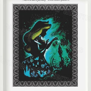 May include: Cross stitch pattern of a dark fantasy Aurora with a blue and green starry sky background. The pattern is compatible with Pattern Keeper.
