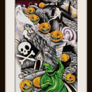 May include: A cross-stitch pattern featuring characters from the movie Nightmare Before Christmas. The pattern includes Jack Skellington, Sally, and Oogie Boogie. The pattern is in black, white, green, orange, and yellow.