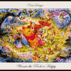 May include: A colourful cross-stitch embroidery featuring Winnie the Pooh and his friends in a woodland setting. The characters are surrounded by flowers and butterflies. The text "Winnie the Pooh is Happy" is at the bottom of the image.