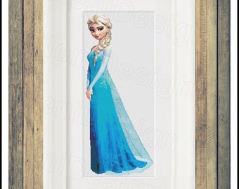 Patrón de punto de cruz de la princesa Elsa de cuerpo entero. Decoración del hogar y de la habitación infantil. Punto de cruz de Elsa Frozen.