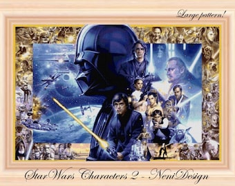 May include: A colorful cross-stitch pattern featuring characters from the Star Wars franchise. The pattern includes Darth Vader, Luke Skywalker, Princess Leia, Han Solo, Chewbacca, Yoda, and other iconic characters. The pattern is set against a backdrop of stars and planets.