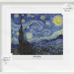May include: Cross stitch pattern PDF of Vincent van Gogh's The Starry Night. The painting features a swirling blue sky with yellow stars and a dark cypress tree in the foreground.