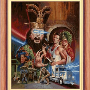 May include: A cross stitch pattern featuring a colorful illustration of a scene from the movie Big Trouble in Little China. The image includes a character with glowing eyes, a truck, and a monkey.