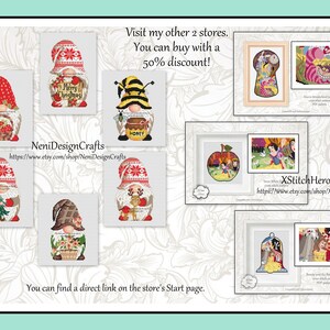 May include: A collage of cross-stitch patterns featuring gnomes, bees, and Disney characters. The patterns are available for purchase from two Etsy shops: Neni DesignCrafts and XStitch Heroes. Visit the shops for a 50% discount.