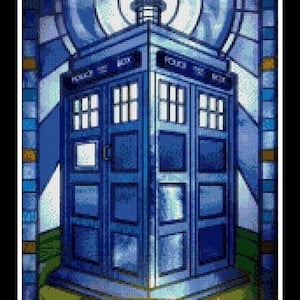 May include: A stained glass style image of the TARDIS, the time traveling police box from the Doctor Who television series. The TARDIS is blue with a white door and windows. The image has a yellow banner at the bottom that says "DOCTOR WHO".