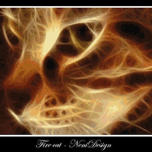 May include: A close-up of a cat's face, rendered in a fiery orange and yellow color scheme. The cat's eyes are partially visible, and the fur appears to be made of flames.