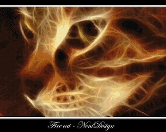 May include: A close-up of a cat's face, rendered in a fiery orange and yellow color scheme. The cat's eyes are partially visible, and the fur appears to be made of flames.