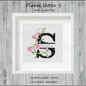 Floral letter S Cross stitch pattern Customizable names Countable alphabet Alphabet cross stitch Name cross stitch Home decor Wall decor