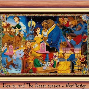May include: A colourful cross-stitch pattern featuring scenes from the Disney movie Beauty and the Beast. The pattern includes Belle, Beast, Gaston, and other characters from the film. The text "Beauty and The Beast scenes - NeniDesign" is at the bottom of the pattern.