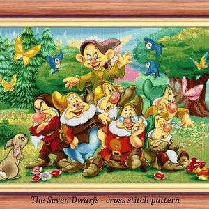 May include: Cross stitch pattern featuring the seven dwarfs from Disney's Snow White. The dwarfs are smiling and standing in a woodland setting with butterflies and birds.