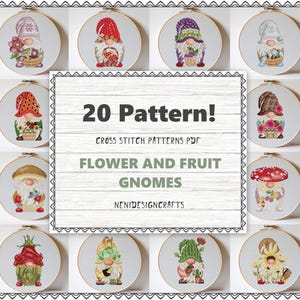 Gnomes Cross stitch pattern Pack of 20 Flower and Fruit gnomes Cute gnomes package Natural fantasy Beautiful flowers gnome Cheerful patterns