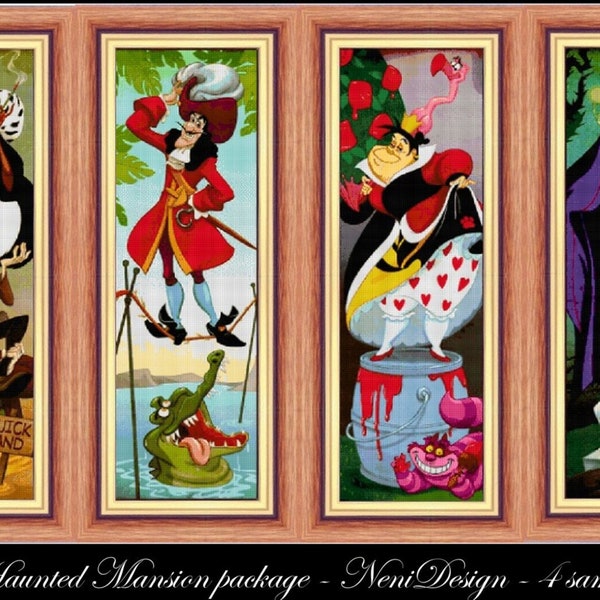 Haunted Mansion Villains Cross Stitch Pattern: Cruella, Hook, Queen, Maleficent (PDF Pattern)