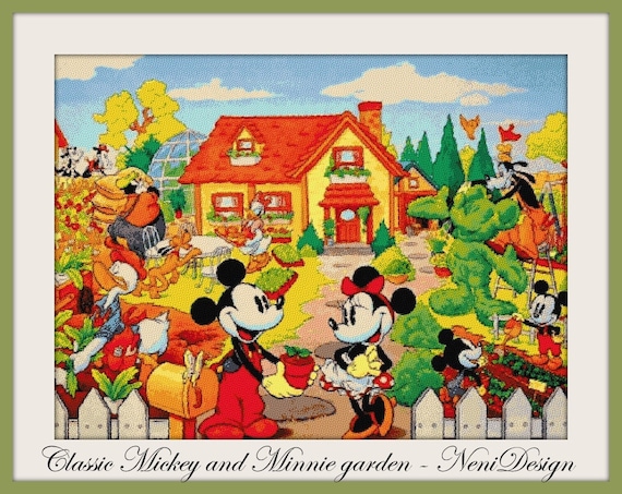 Classic Mickey and Minnie Garden Cross Stitch Pattern Kids Room