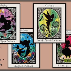 May include: Four colorful illustrations of Disney princess silhouettes. The princesses are Rapunzel, Tinkerbell, Ariel, and Alice. Each illustration is framed in black with a decorative border and the text "NeniDesign" at the top.