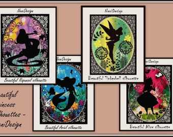 Beautiful princess silhouette package Cross stitch pattern  Rapunzel Tinkerbell Ariel Alice DIY princess cross stitch Girl room decoration